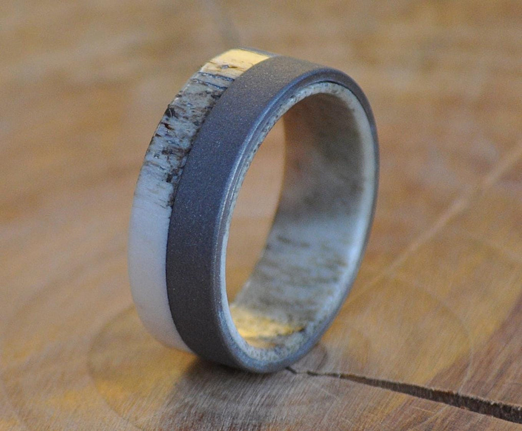 Handcrafted Deer Antler Ring: Sand Blasted Stainless Steel Hunter Ring