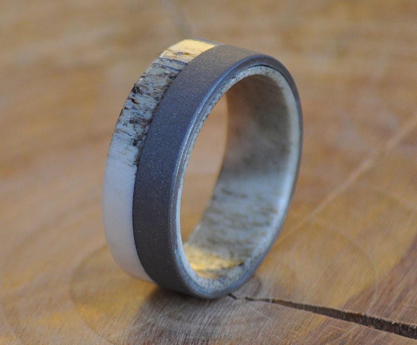 Handcrafted Deer Antler Ring: Sand Blasted Stainless Steel Hunter Ring