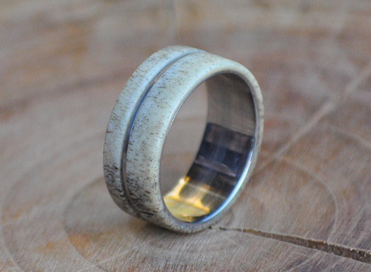 Deer Antler Ring: Stainless Steel Off-Center Wedding Band