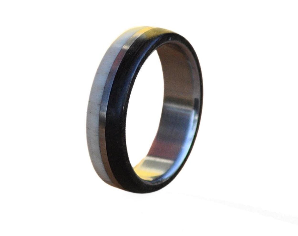 Handcrafted Stainless Steel Ring with Deer Antler and Ebony Wood Inlays