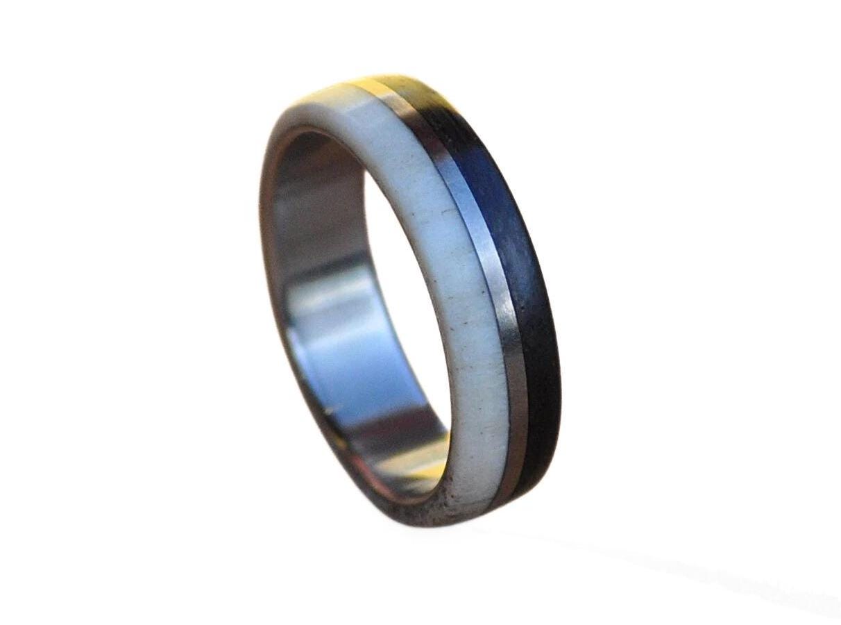 Handcrafted Stainless Steel Ring with Deer Antler and Ebony Wood Inlays