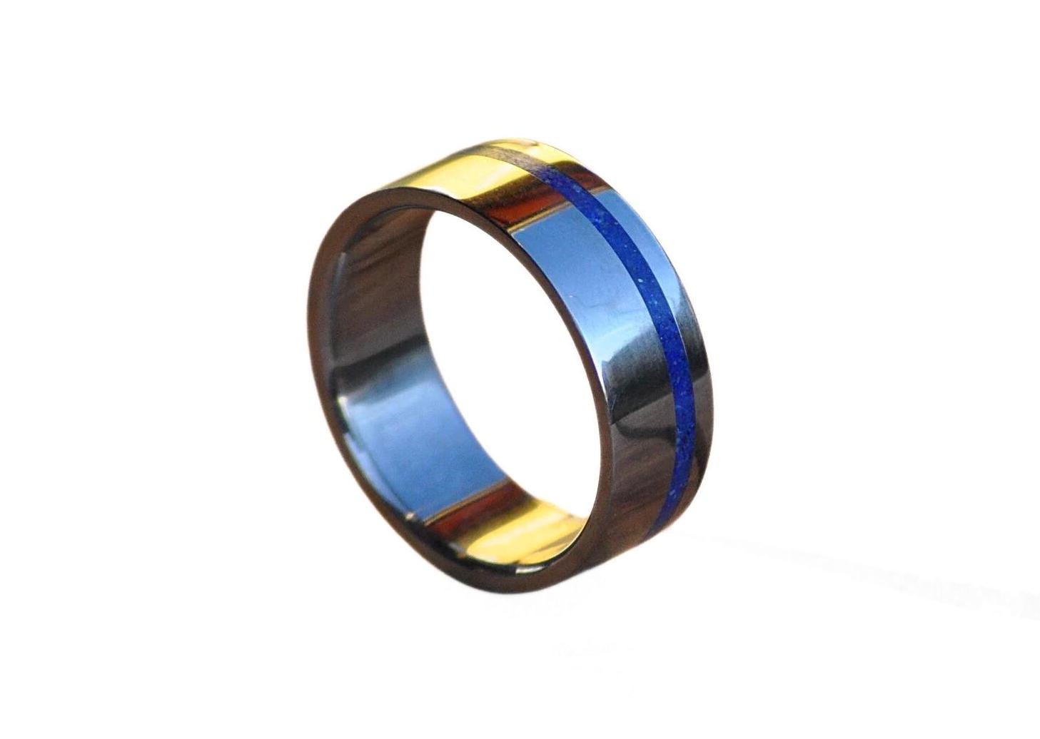 Customizable Stainless Steel Ring with Lapis Lazuli Inlay: Wedding Band