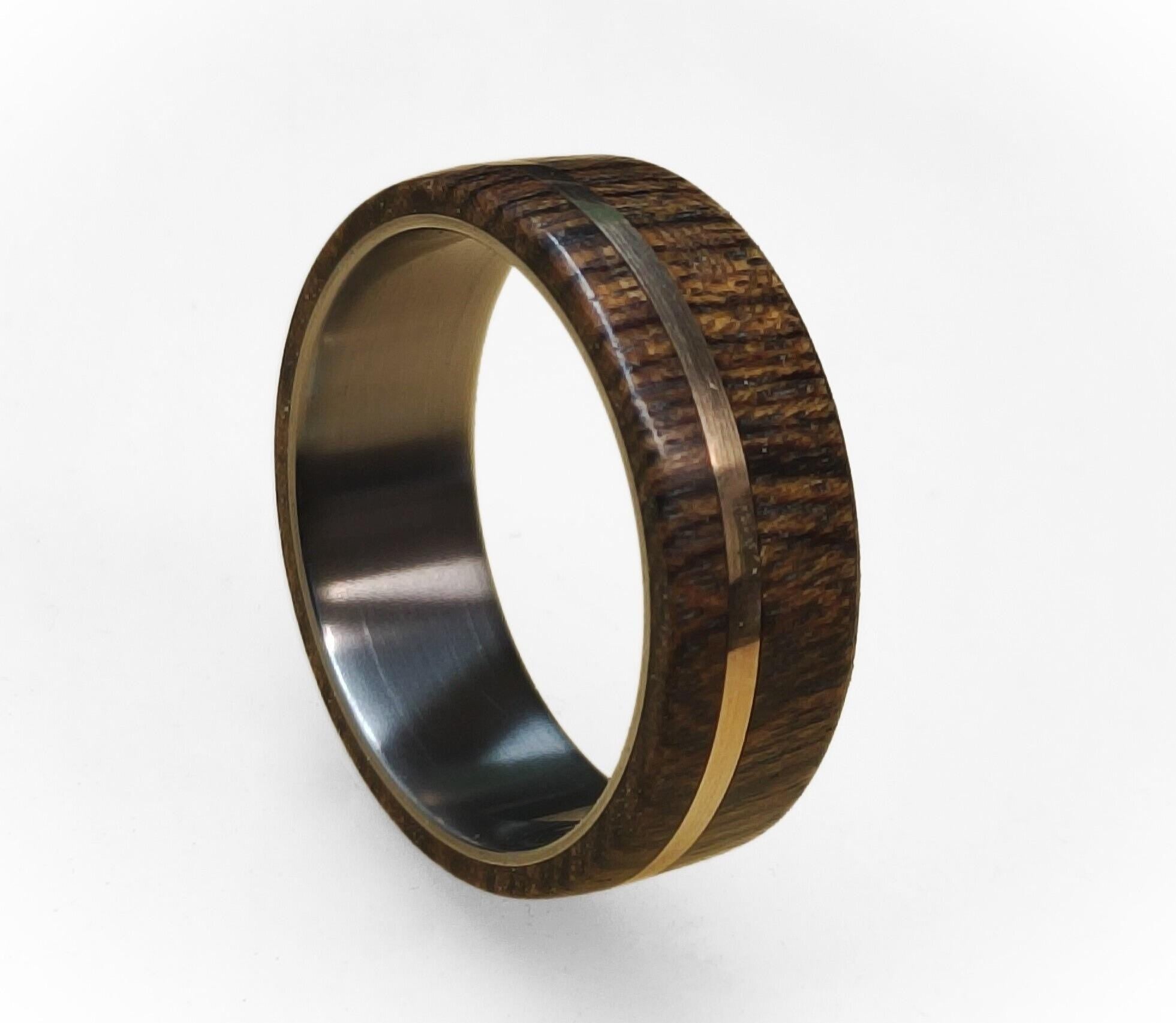 Titanium Ring: Bocote Wood & Bronze Inlay, Unisex Wedding Band