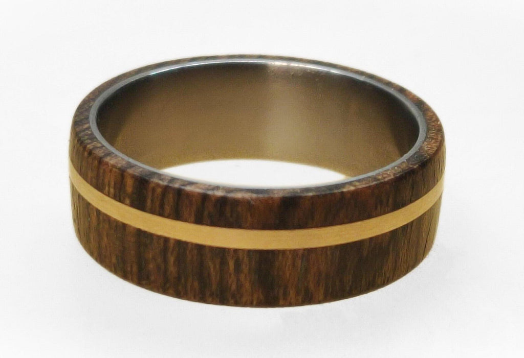 Titanium Ring: Bocote Wood & Bronze Inlay, Unisex Wedding Band