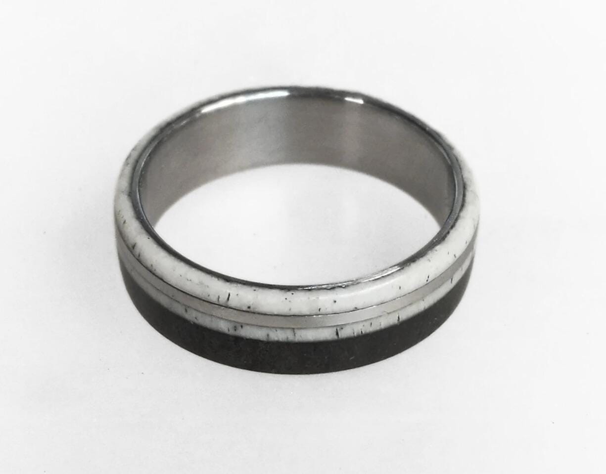Titanium Ring: Ebony Wood & Deer Antler Inlay, Mens Wedding Band