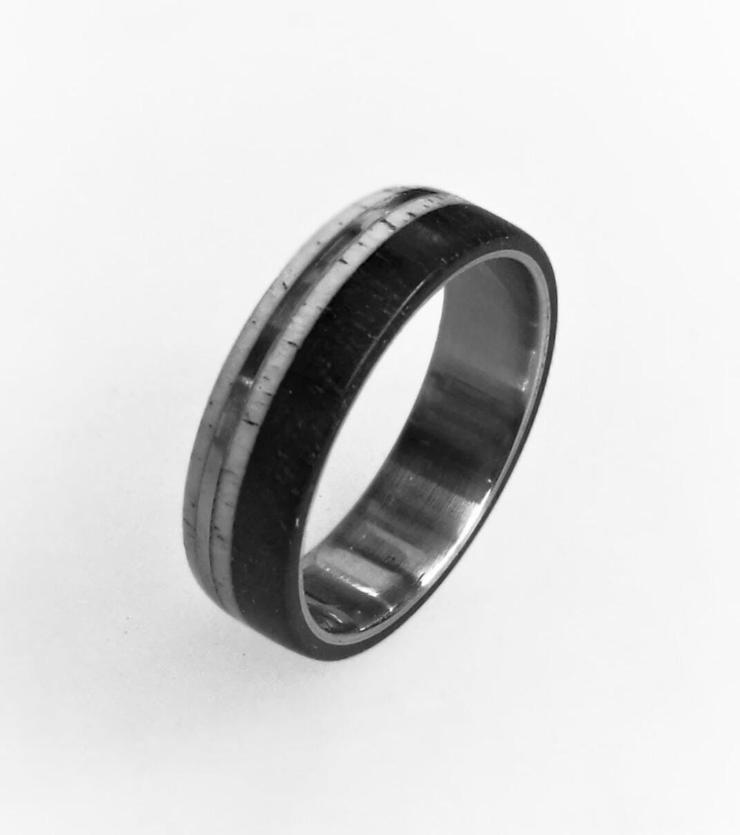Titanium Ring: Ebony Wood & Deer Antler Inlay, Mens Wedding Band