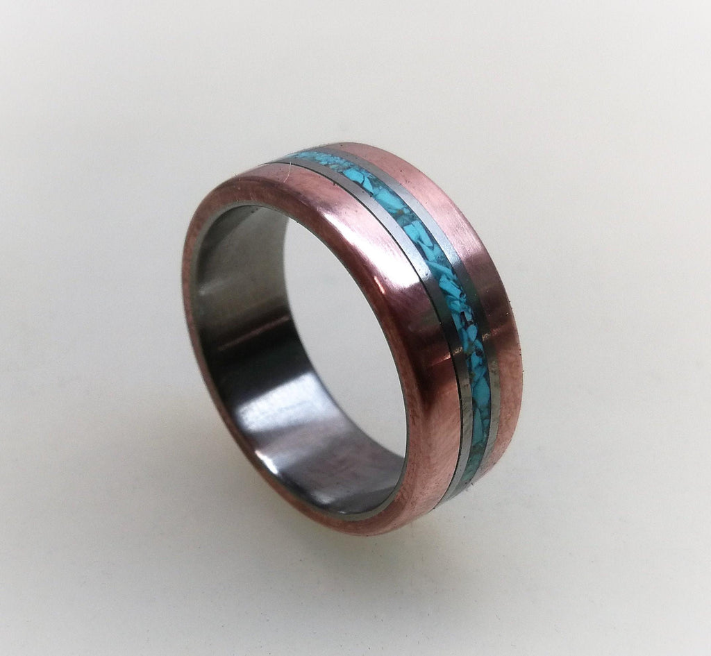 Titanium Wedding Band: Copper & Turquoise Inlay Ring - Rustic Mens Ring