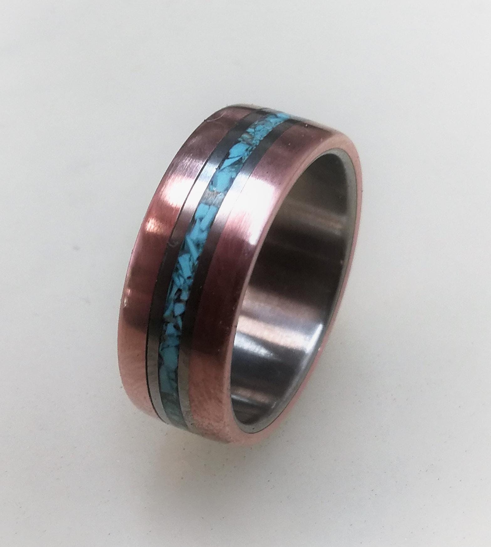Titanium Wedding Band: Copper & Turquoise Inlay Ring - Rustic Mens Ring