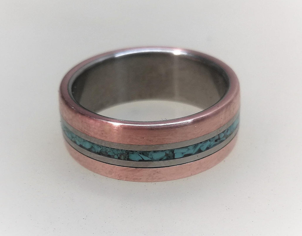Titanium Wedding Band: Copper & Turquoise Inlay Ring - Rustic Mens Ring