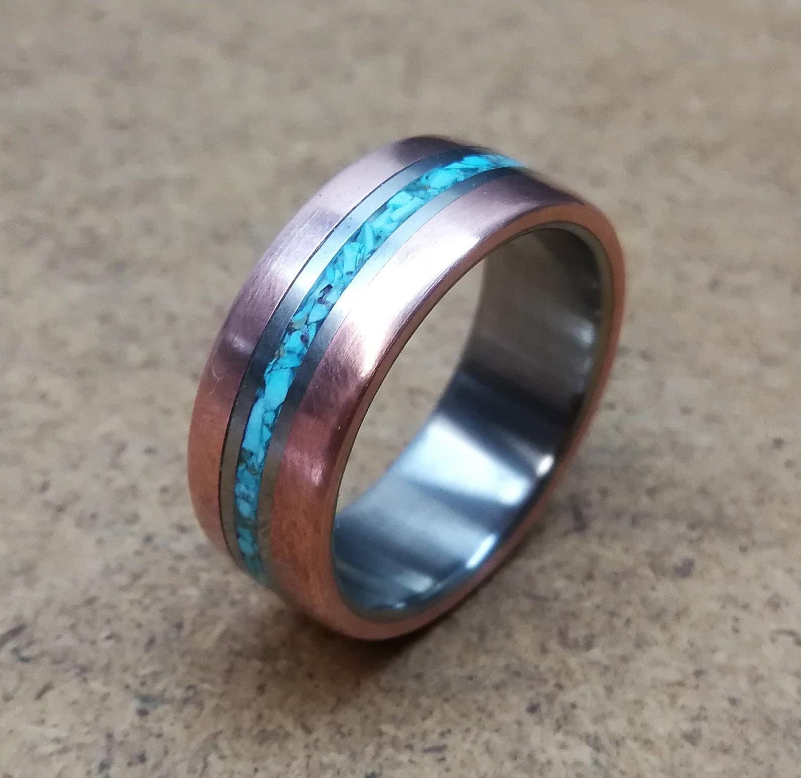 Titanium Wedding Band: Copper & Turquoise Inlay Ring - Rustic Mens Ring