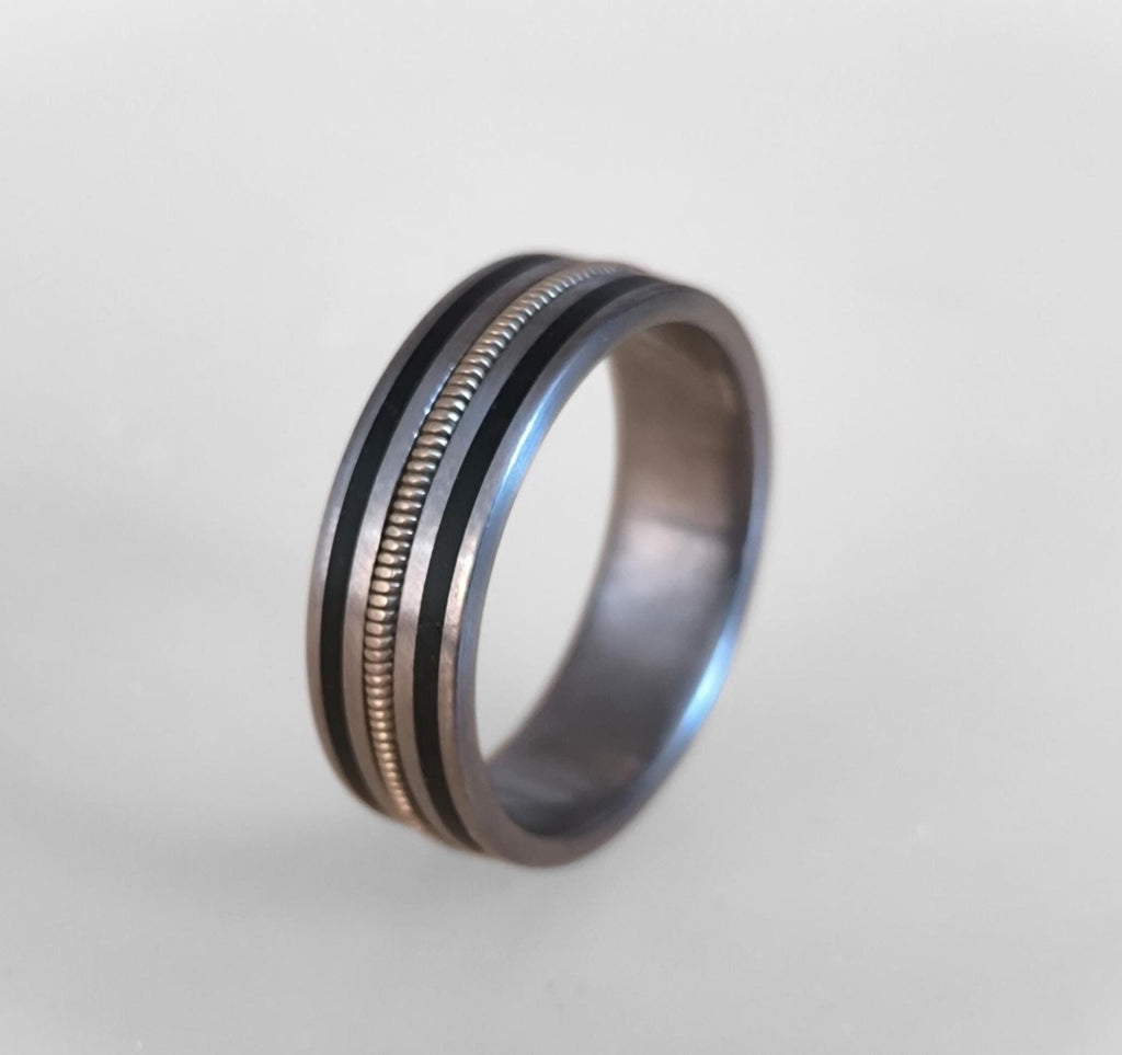 Handmade Titanium Ring: Guitar String & Ebony Wood Inlay, Musician Wedding Band