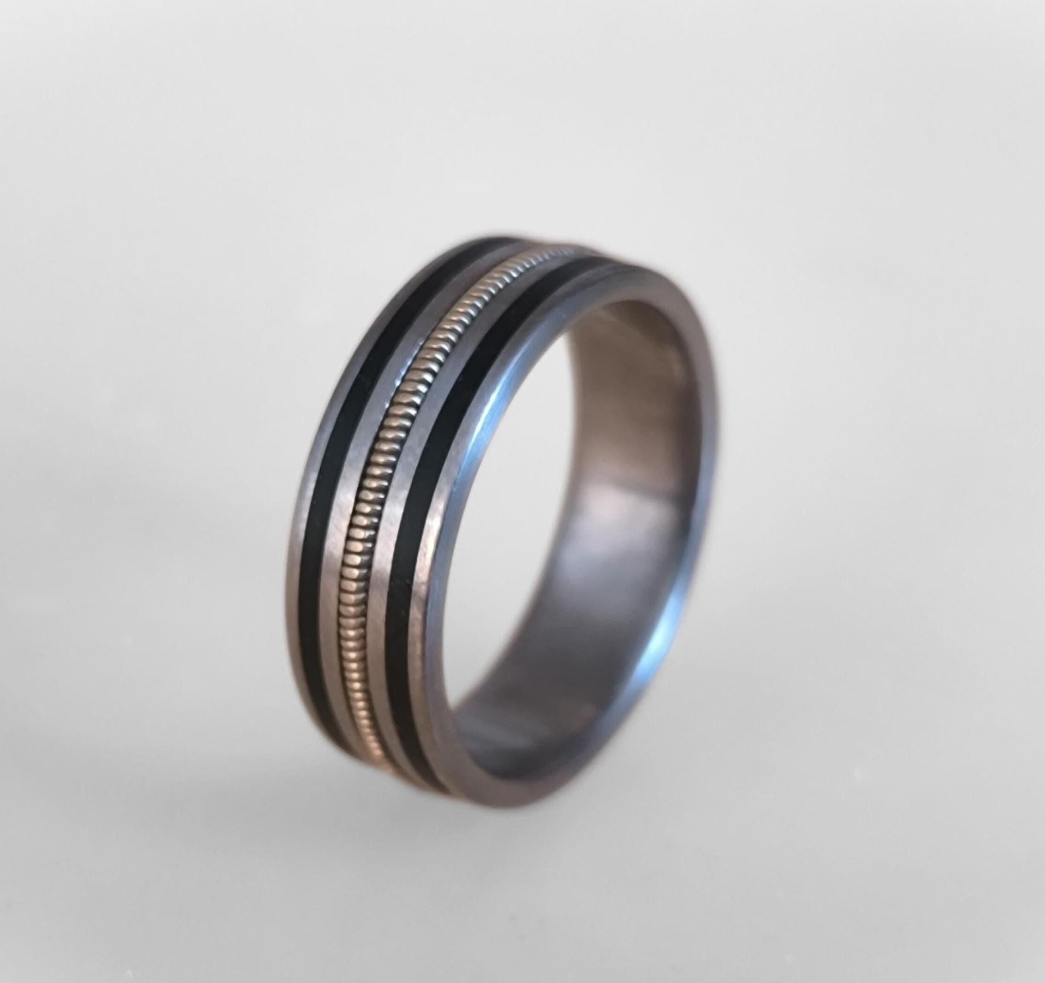 Handmade Titanium Ring: Guitar String & Ebony Wood Inlay, Musician Wedding Band