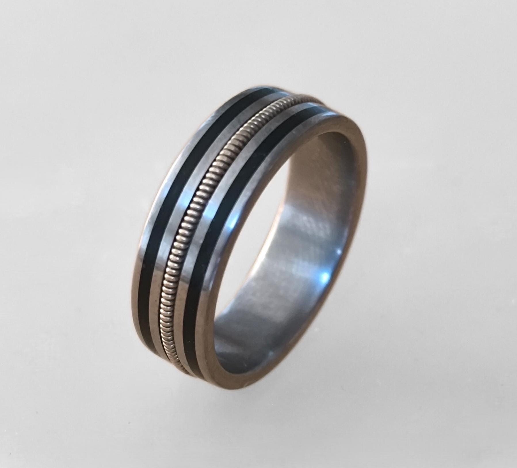 Handmade Titanium Ring: Guitar String & Ebony Wood Inlay, Musician Wedding Band
