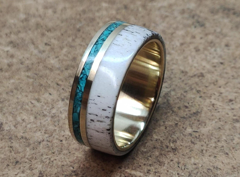 Brass Ring with Malachite and Deer Antler Inlay