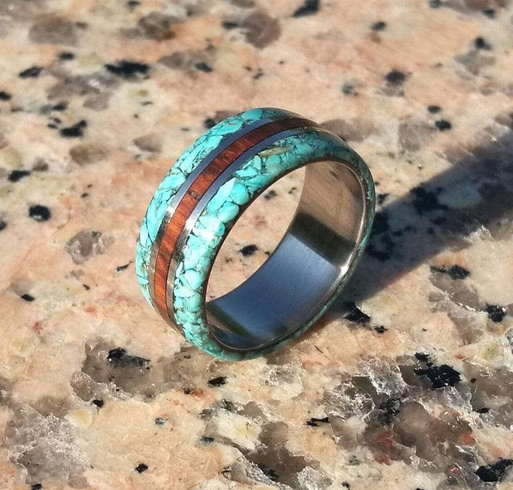 Elegant Titanium Ring: Exotic Snakewood & Turquoise Inlay