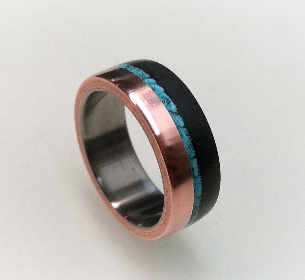 Titanium Ring, Ebony Wood Copper Turquoise Inlay, Handmade Band