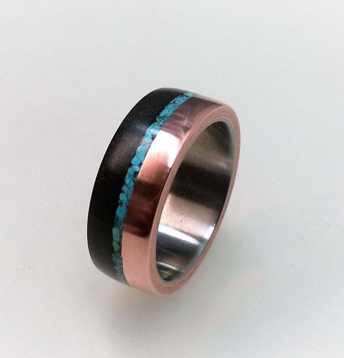 Titanium Ring, Ebony Wood Copper Turquoise Inlay, Handmade Band
