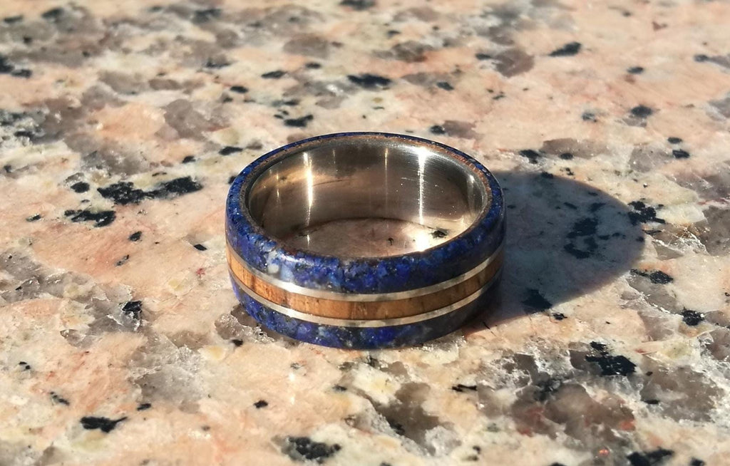Handcrafted Titanium Ring: Zebrano Wood & Lapis Lazuli Inlay