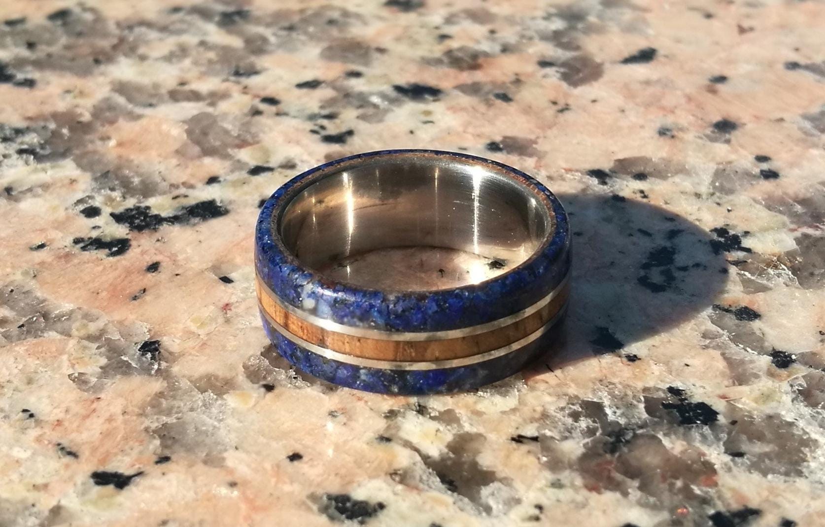 Handcrafted Titanium Ring: Zebrano Wood & Lapis Lazuli Inlay