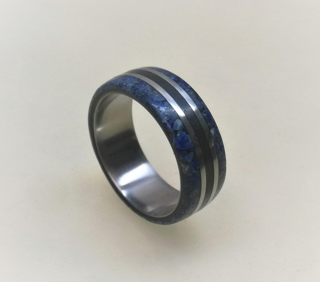 Titanium Wedding Band: Ebony Wood & Lapis Lazuli Inlay