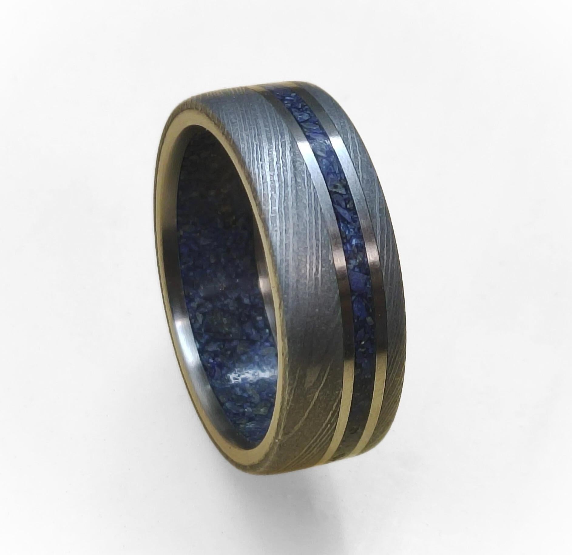 Damascus Steel Wedding Band: Titanium & Lapis Lazuli Inlay, Mens Ring