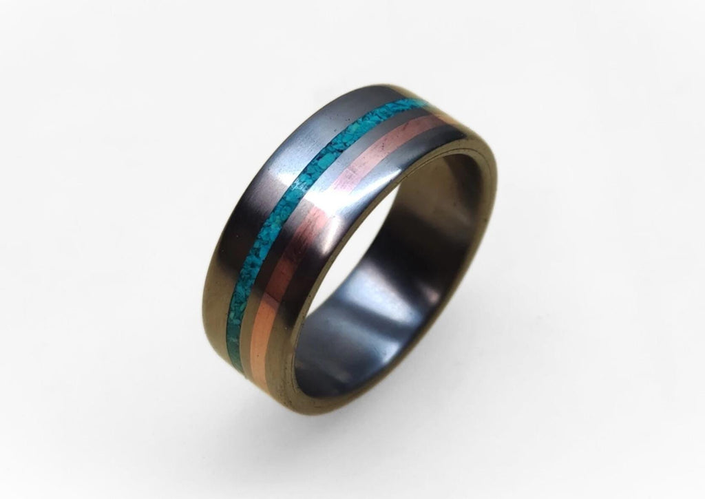 Men's Titanium Ring: Copper & Turquoise Inlay, Unique Wedding Band