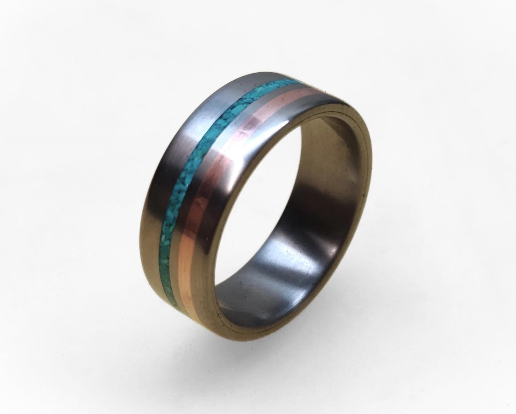 Men's Titanium Ring: Copper & Turquoise Inlay, Unique Wedding Band
