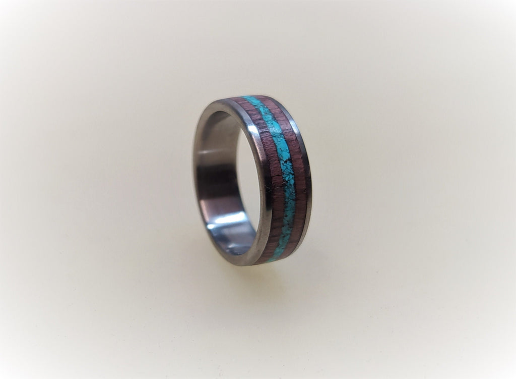 Titanium Wedding Band: Purple Heart Wood & Turquoise Inlay