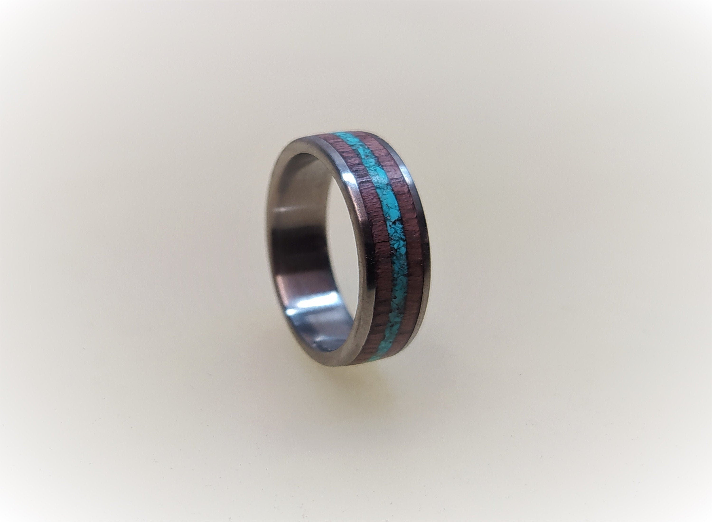Titanium Wedding Band: Purple Heart Wood & Turquoise Inlay