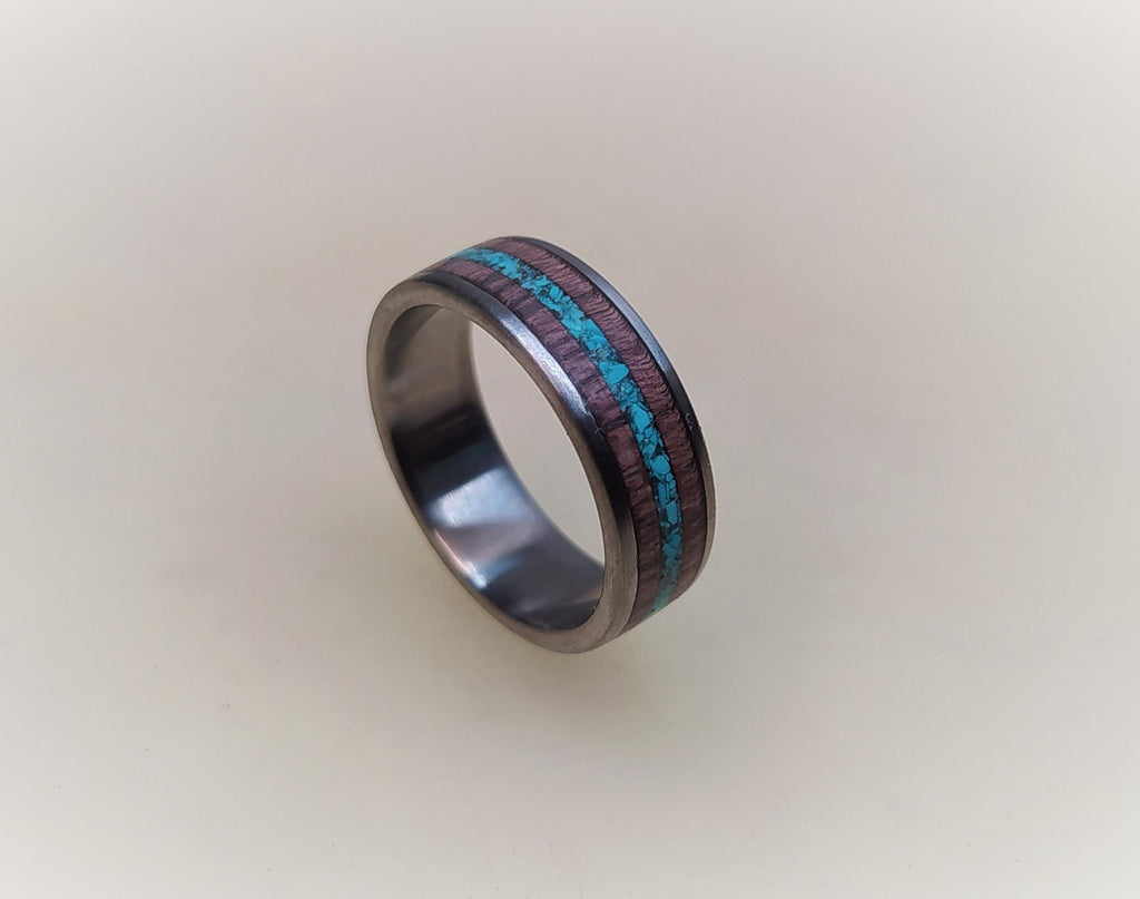 Titanium Wedding Band: Purple Heart Wood & Turquoise Inlay