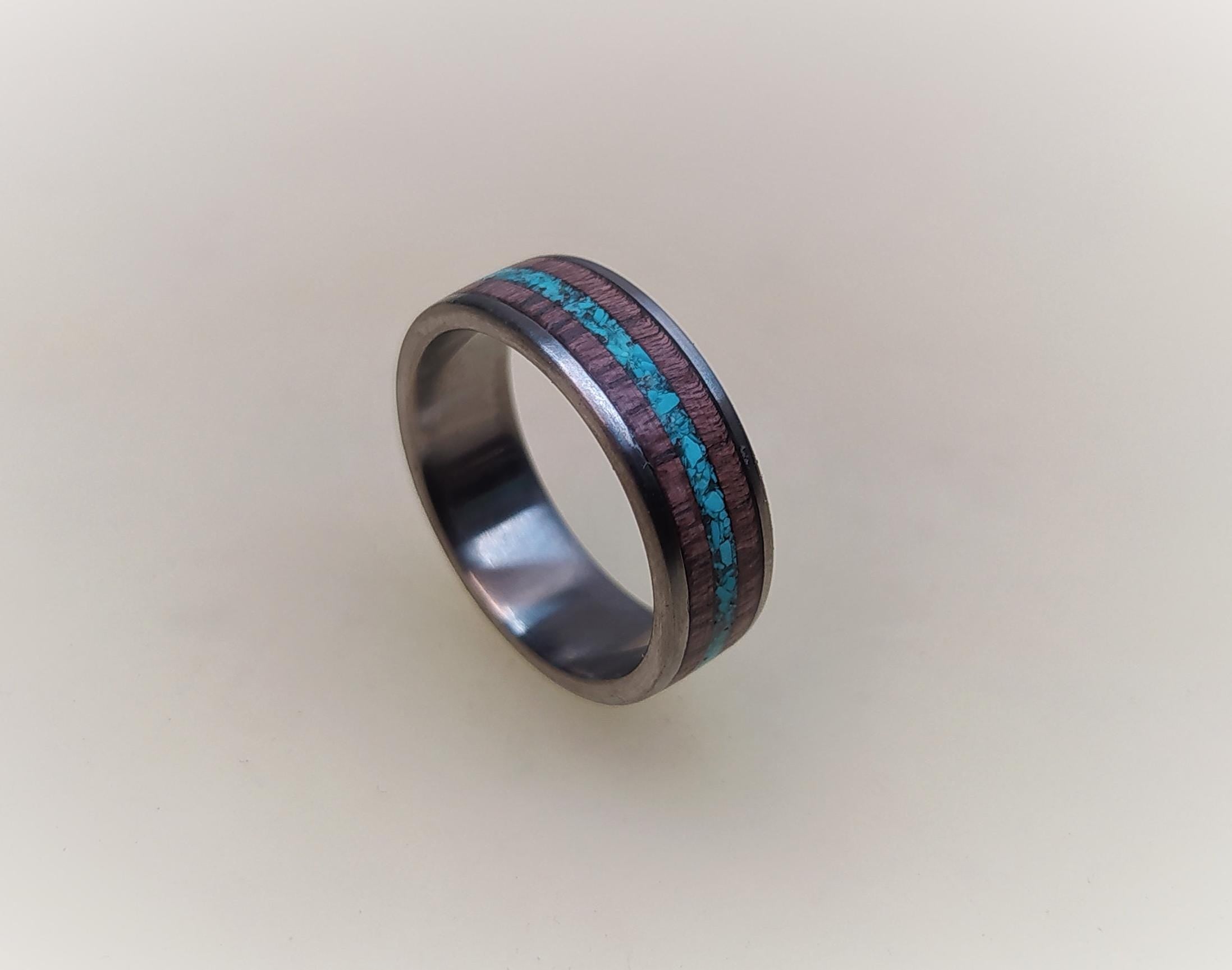 Titanium Wedding Band: Purple Heart Wood & Turquoise Inlay