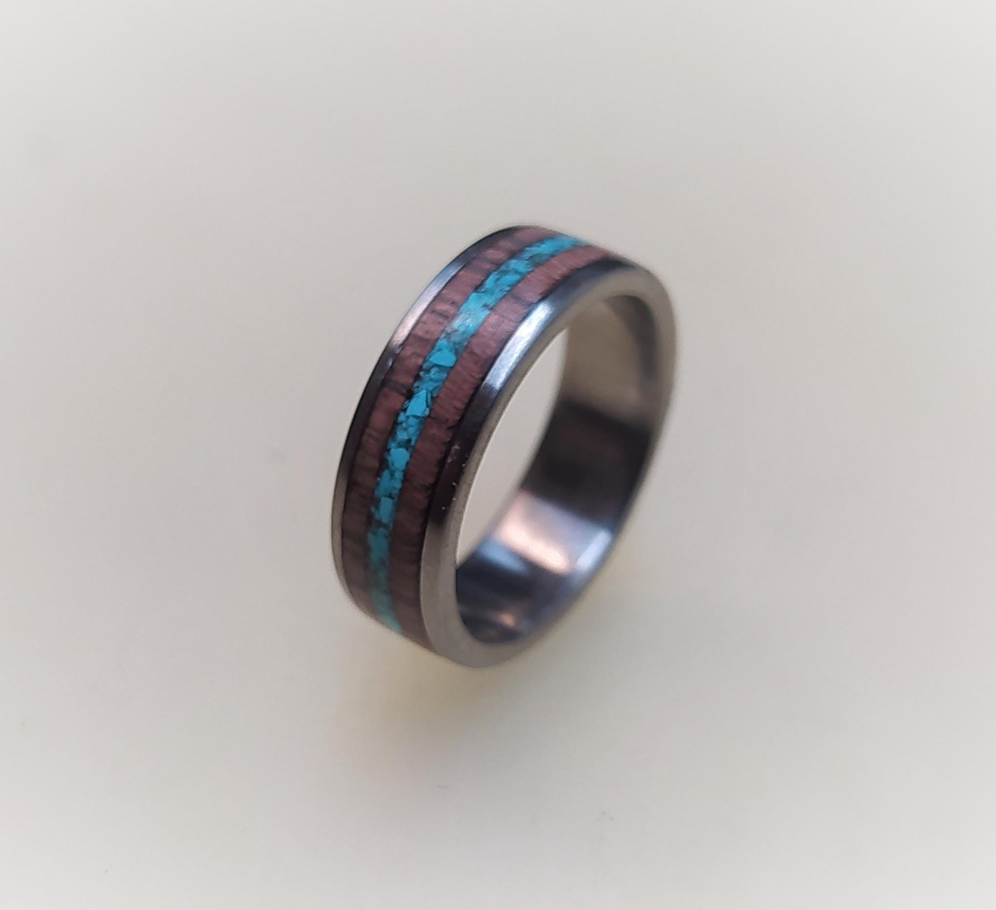 Titanium Wedding Band: Purple Heart Wood & Turquoise Inlay