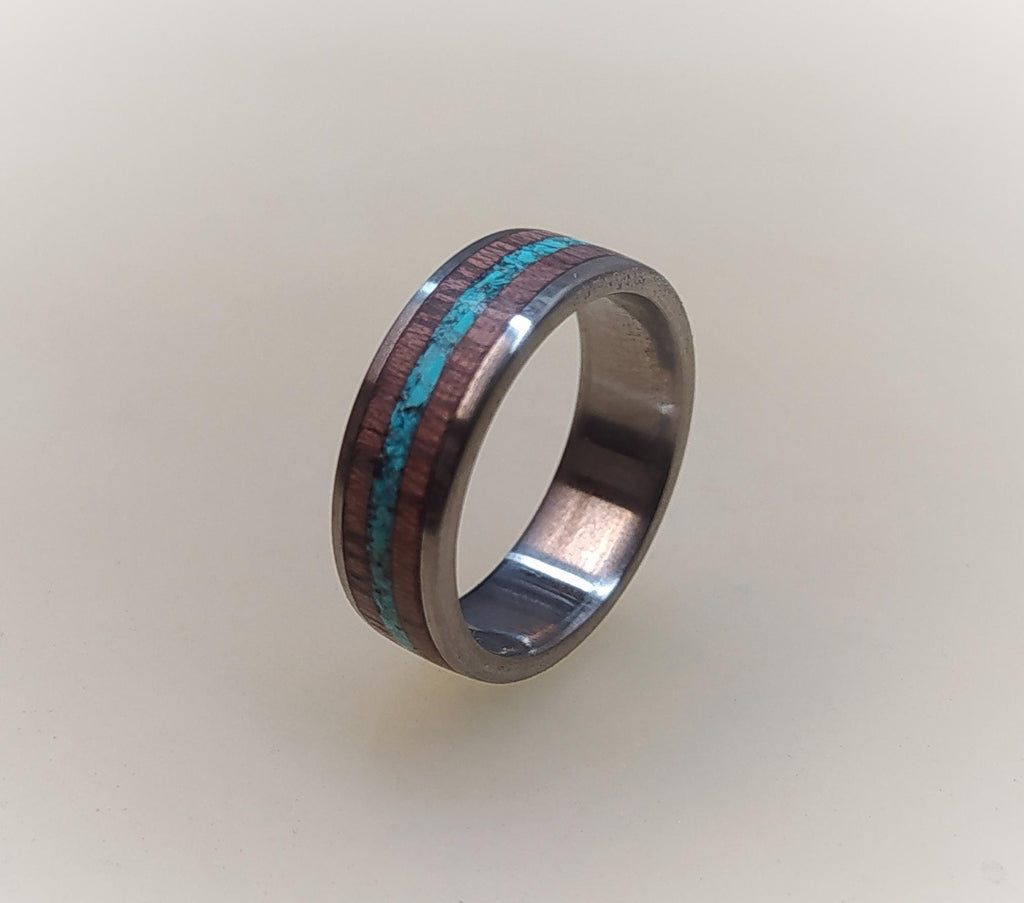 Titanium Wedding Band: Purple Heart Wood & Turquoise Inlay