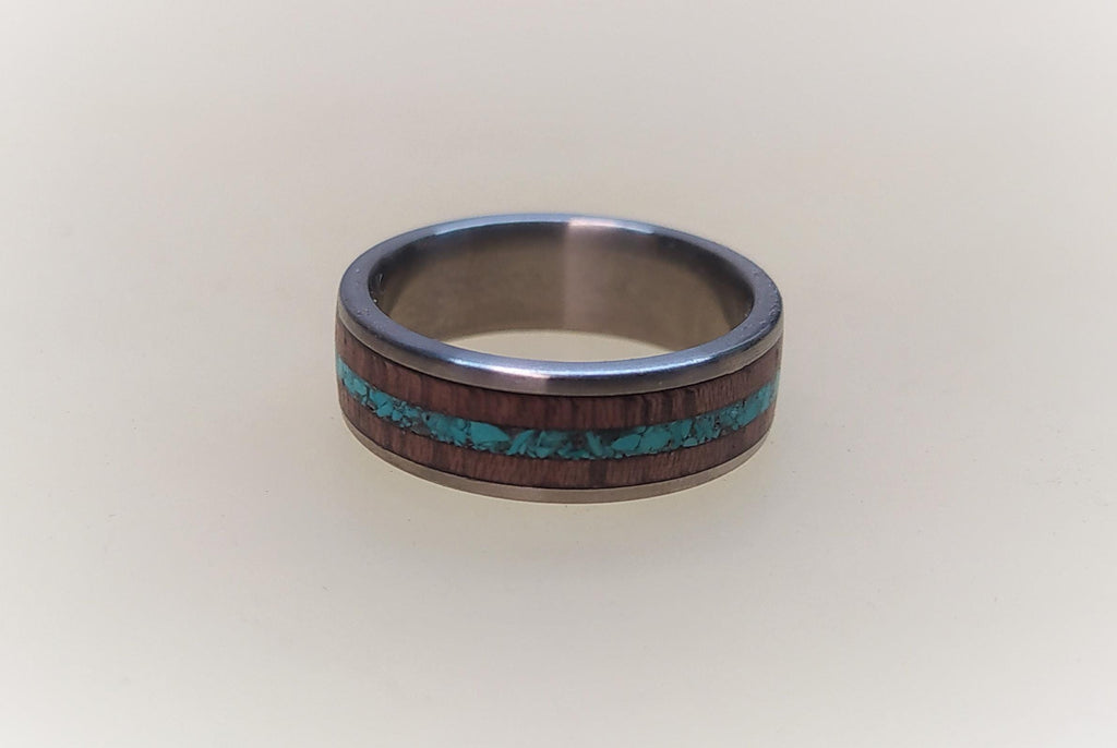 Titanium Wedding Band: Purple Heart Wood & Turquoise Inlay