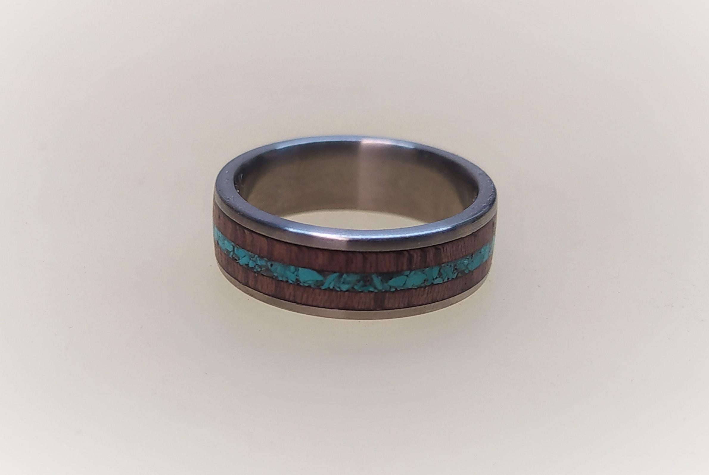 Titanium Wedding Band: Purple Heart Wood & Turquoise Inlay