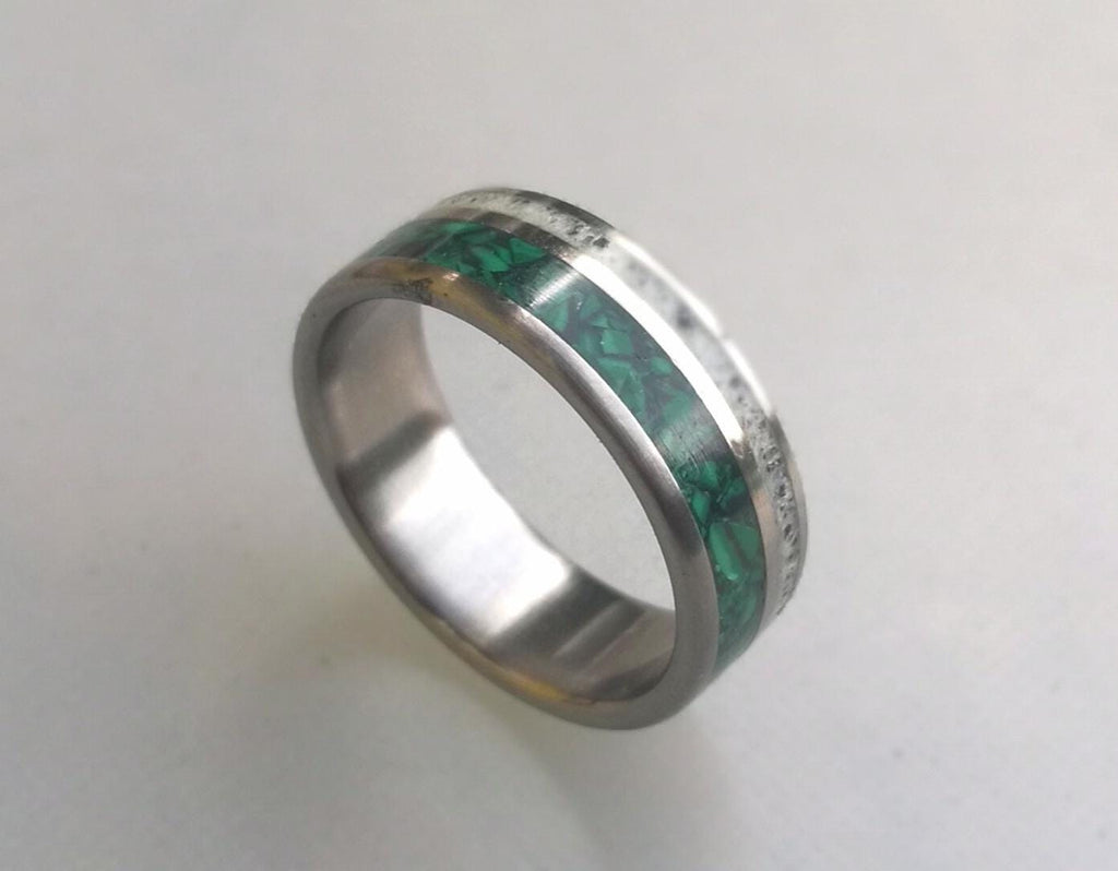 Titanium Wedding Ring: Green Malachite & Deer Antler Inlay