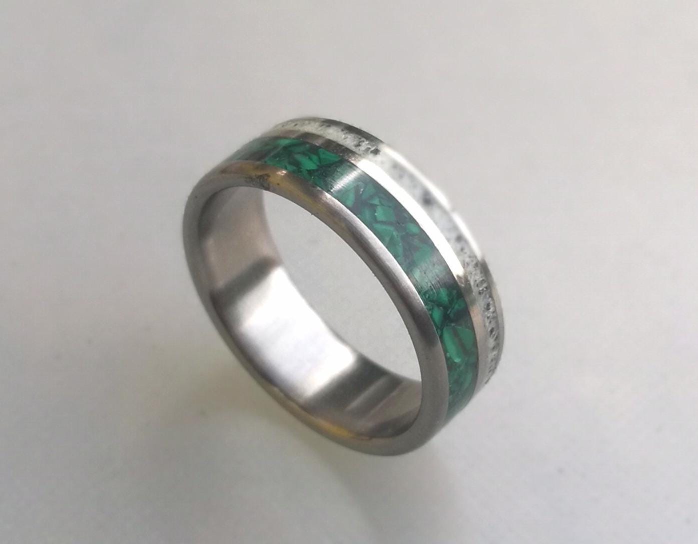 Titanium Wedding Ring: Green Malachite & Deer Antler Inlay