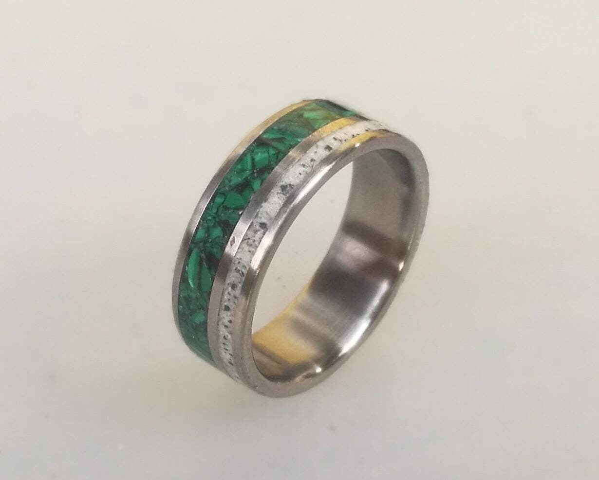 Titanium Wedding Ring: Green Malachite & Deer Antler Inlay