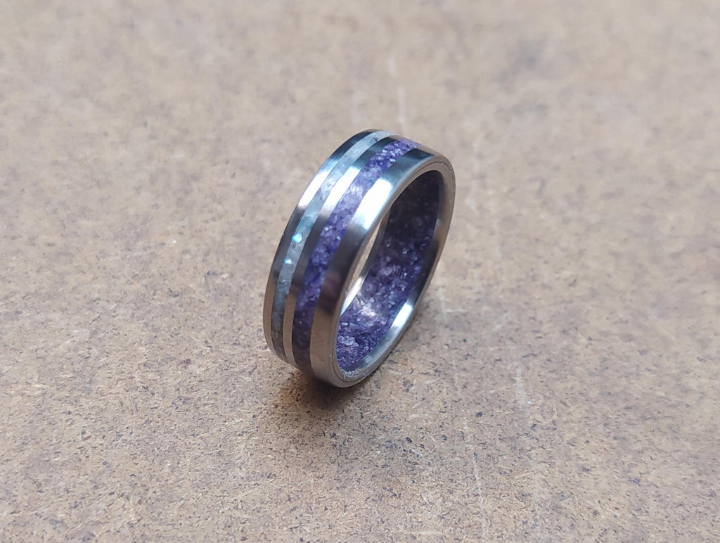 Titanium Wedding Band: Amethyst & Deer Antler Inlay, Unisex Promise Ring