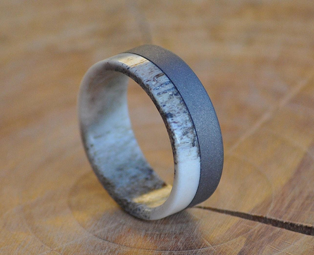 Handcrafted Deer Antler Ring: Sand Blasted Stainless Steel Hunter Ring
