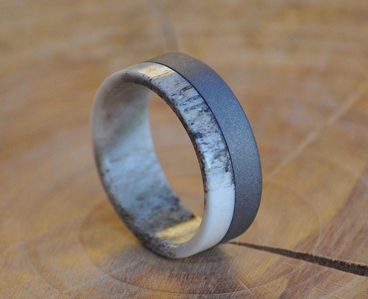 Handcrafted Deer Antler Ring: Sand Blasted Stainless Steel Hunter Ring