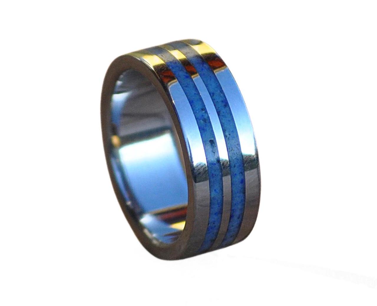Handmade Stainless Steel Wedding Band with Blue Lapis Lazuli Inlay