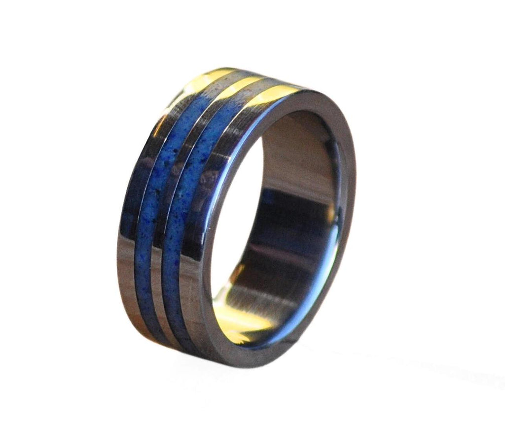 Handmade Stainless Steel Wedding Band with Blue Lapis Lazuli Inlay