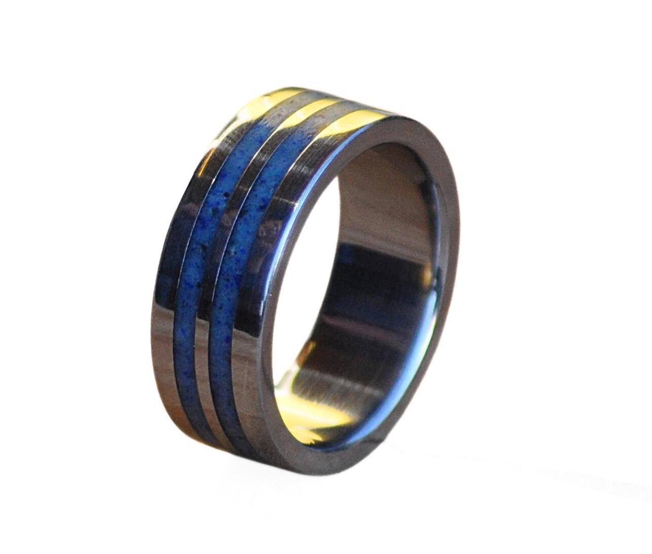 Handmade Stainless Steel Wedding Band with Blue Lapis Lazuli Inlay