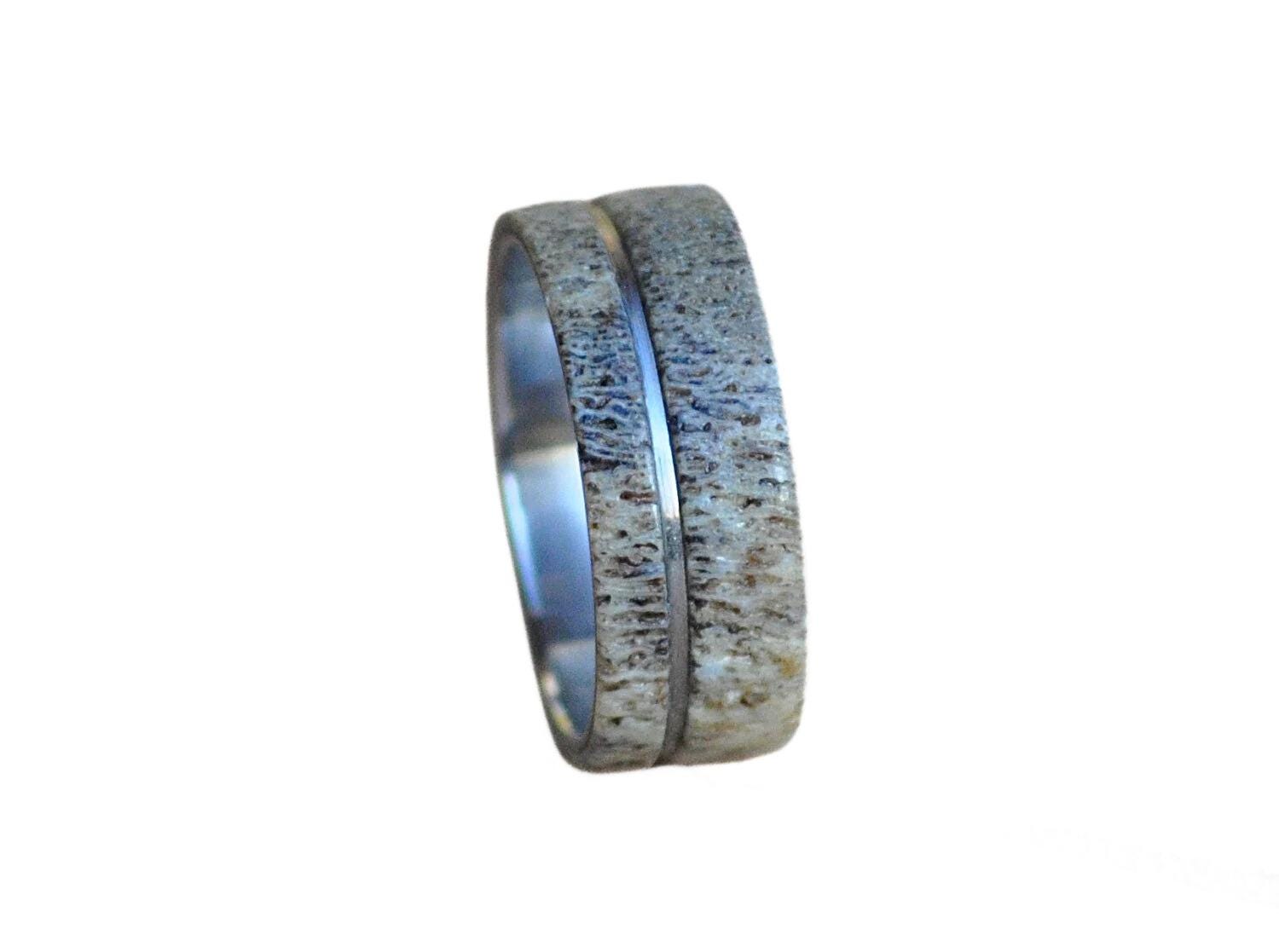 Deer Antler Ring: Stainless Steel Off-Center Wedding Band