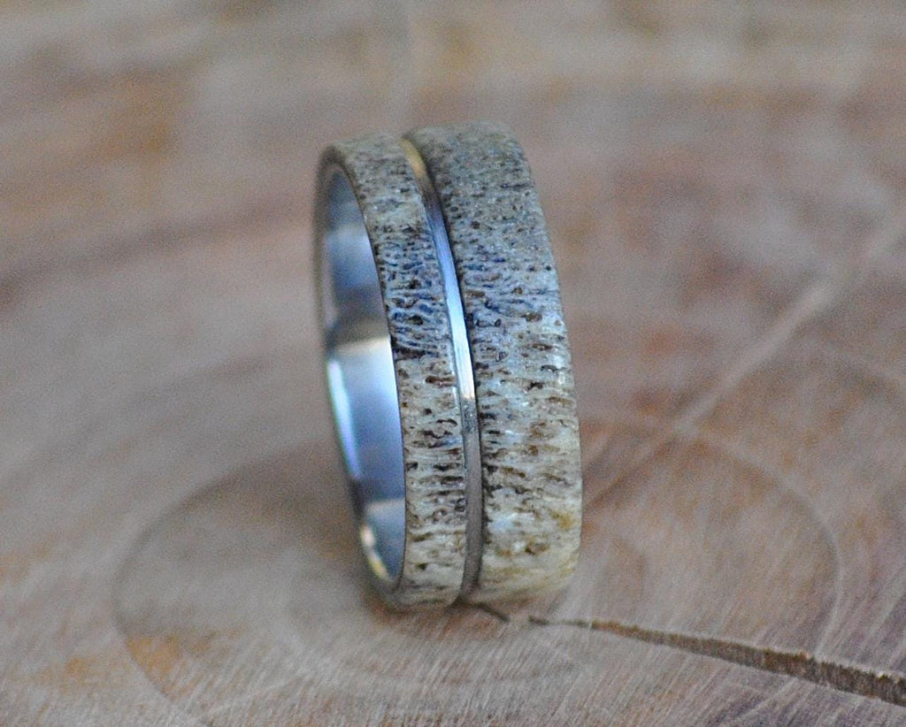 Deer Antler Ring: Stainless Steel Off-Center Wedding Band
