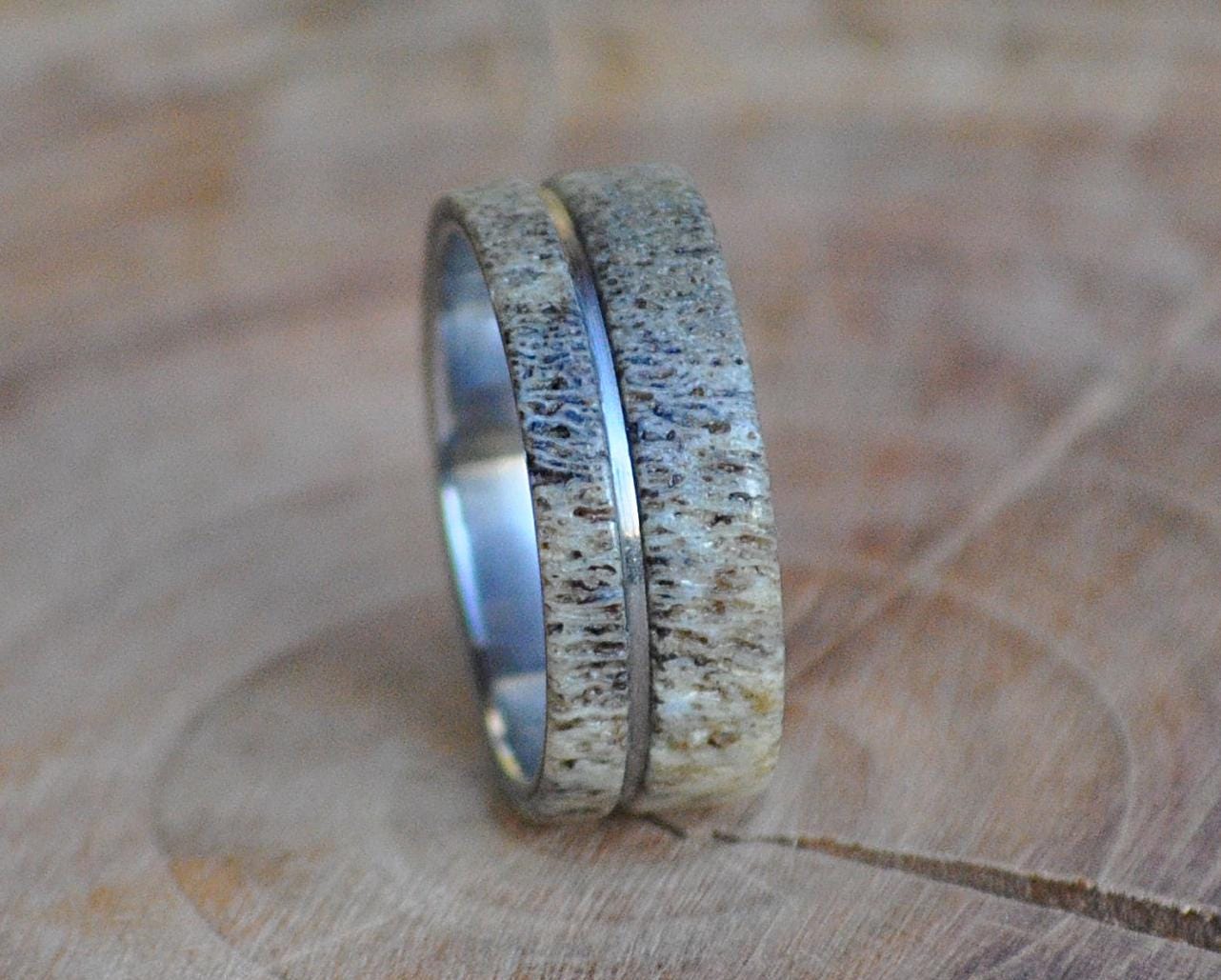 Deer Antler Ring: Stainless Steel Off-Center Wedding Band