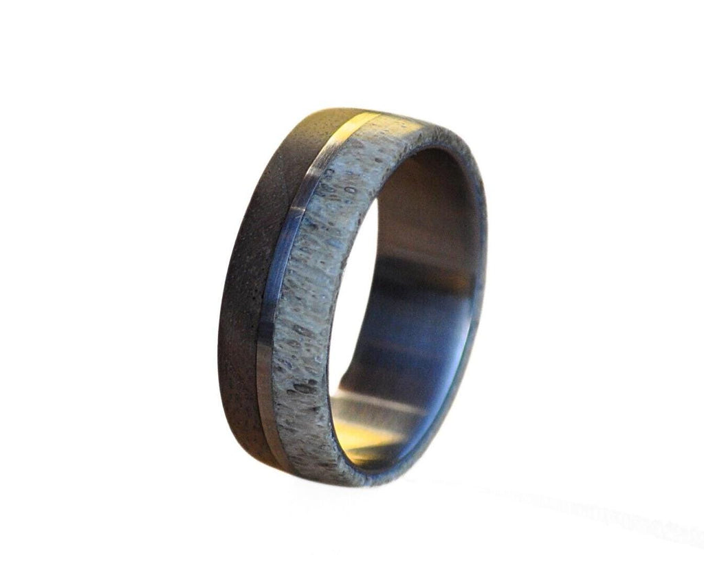 Deer Antler Ring: Walnut Wood Inlay, Stainless Steel Band