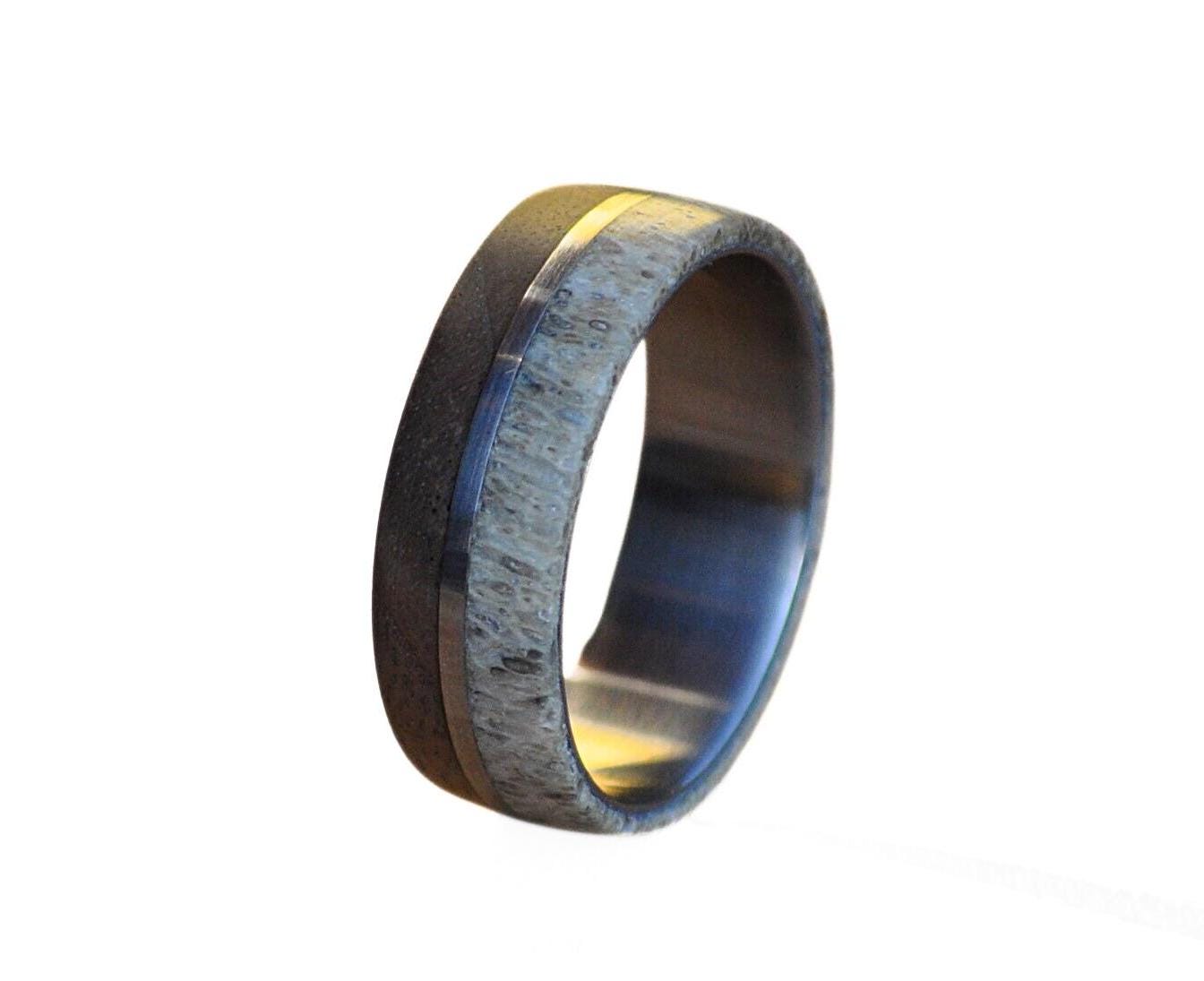 Deer Antler Ring: Walnut Wood Inlay, Stainless Steel Band