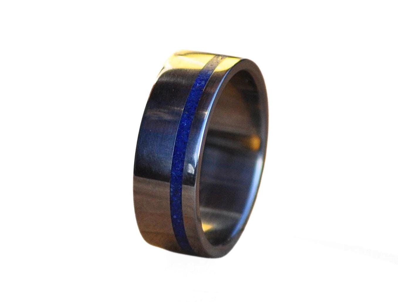 Customizable Stainless Steel Ring with Lapis Lazuli Inlay: Wedding Band